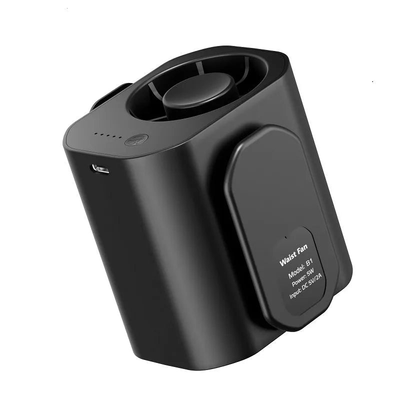 Large wind waist fan with digital display, black, 10x7.8x12 cm, USB rechargeable, lanyard included
