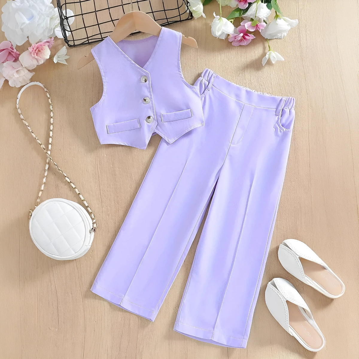 Girls' summer vest and trouser two-piece set in solid purple, light blue, red or light green, polyester
