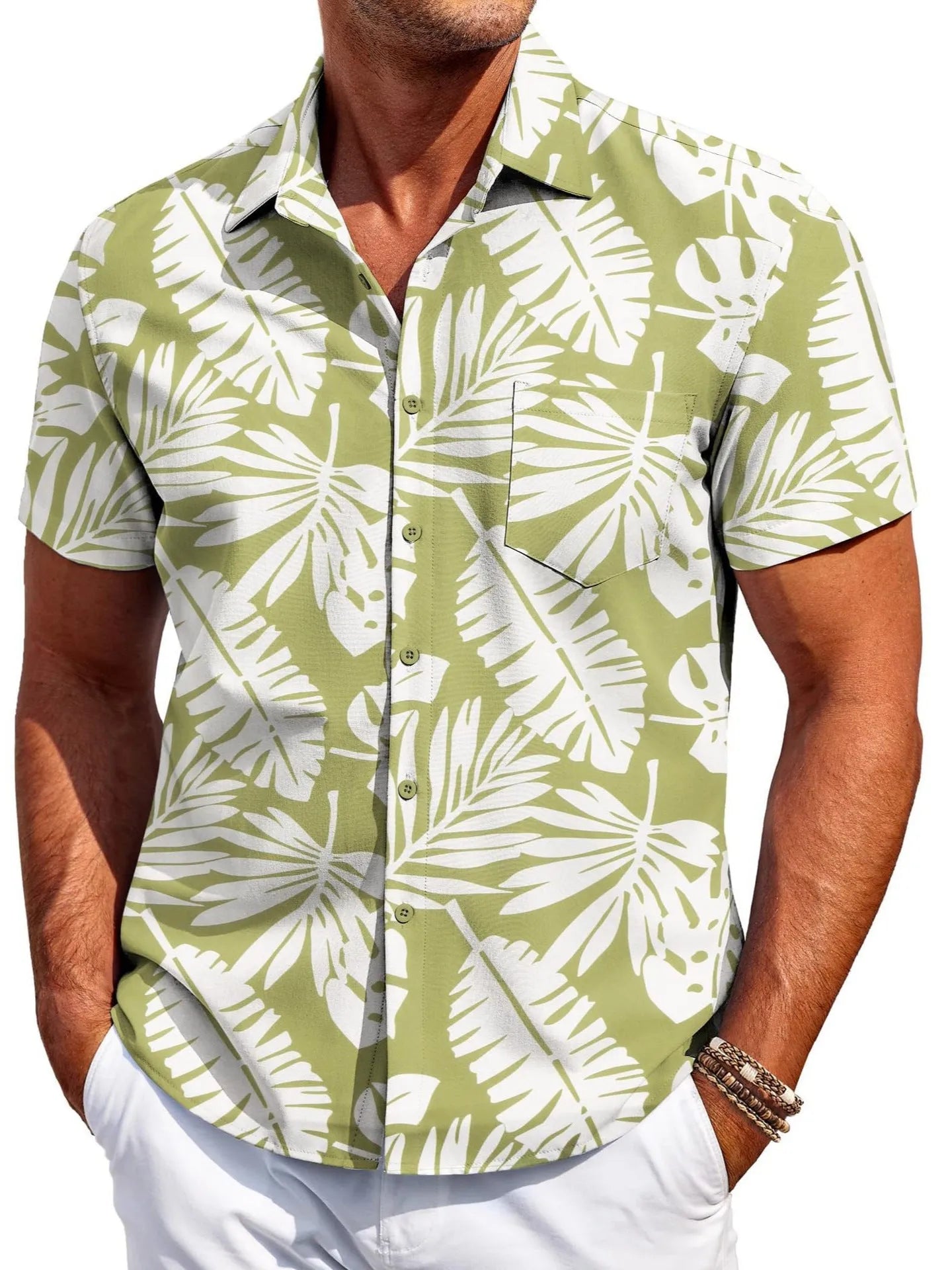 A man's slim-fit short-sleeve Hawaiian shirt in a cardigan style, available in multiple colours.