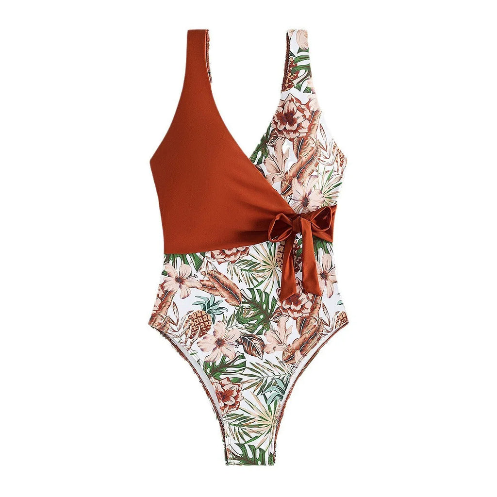 Multicolor tropical plants print one-piece bikini swimsuit for women polyester spandex swimming wading