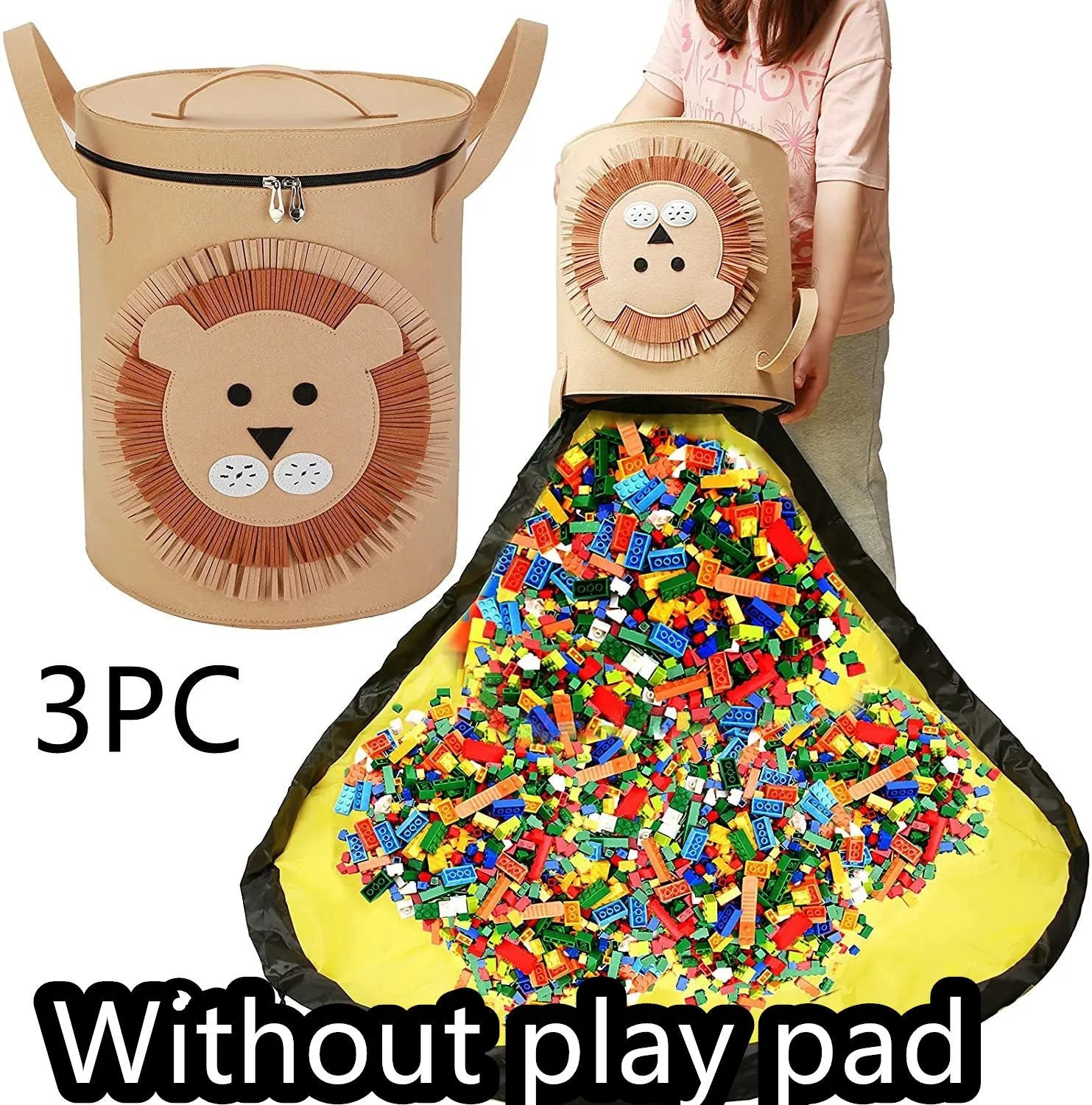 Green felt cube storage bag with pull rope, shown both as a closed bag and flattened as a play mat.