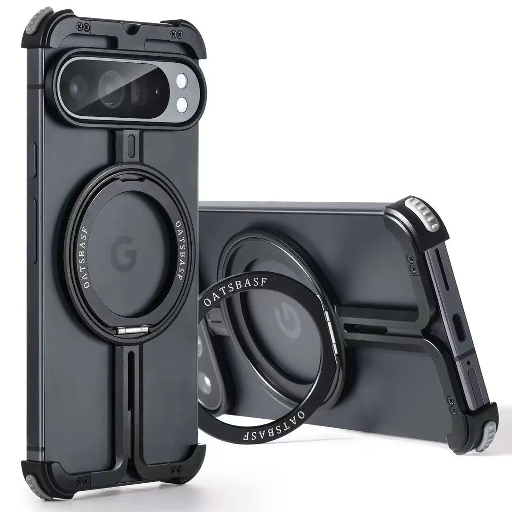 Black aluminium alloy phone case with metal magnetic bracket for Google Pixel9 Pro Fold, rotatable stand, hollow design
