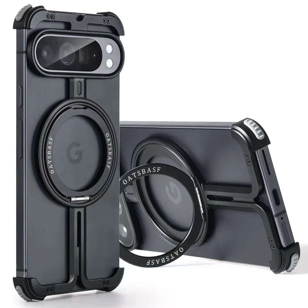Black aluminium alloy phone case with metal magnetic bracket for Google Pixel9 Pro Fold, rotatable stand, hollow design