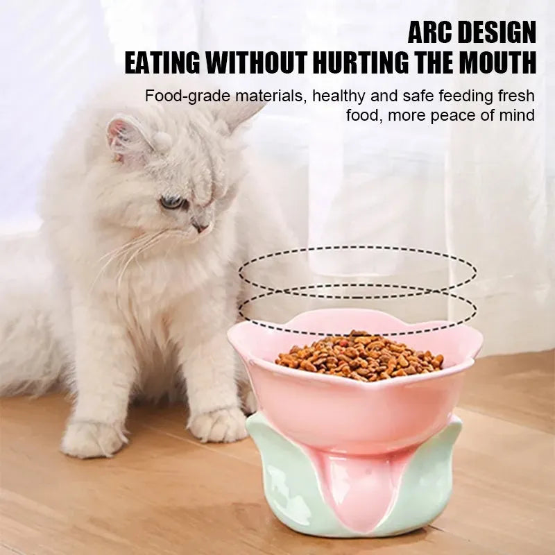 Blue floral patterned ceramic raised pet bowl with non-slip base for cats and small dogs