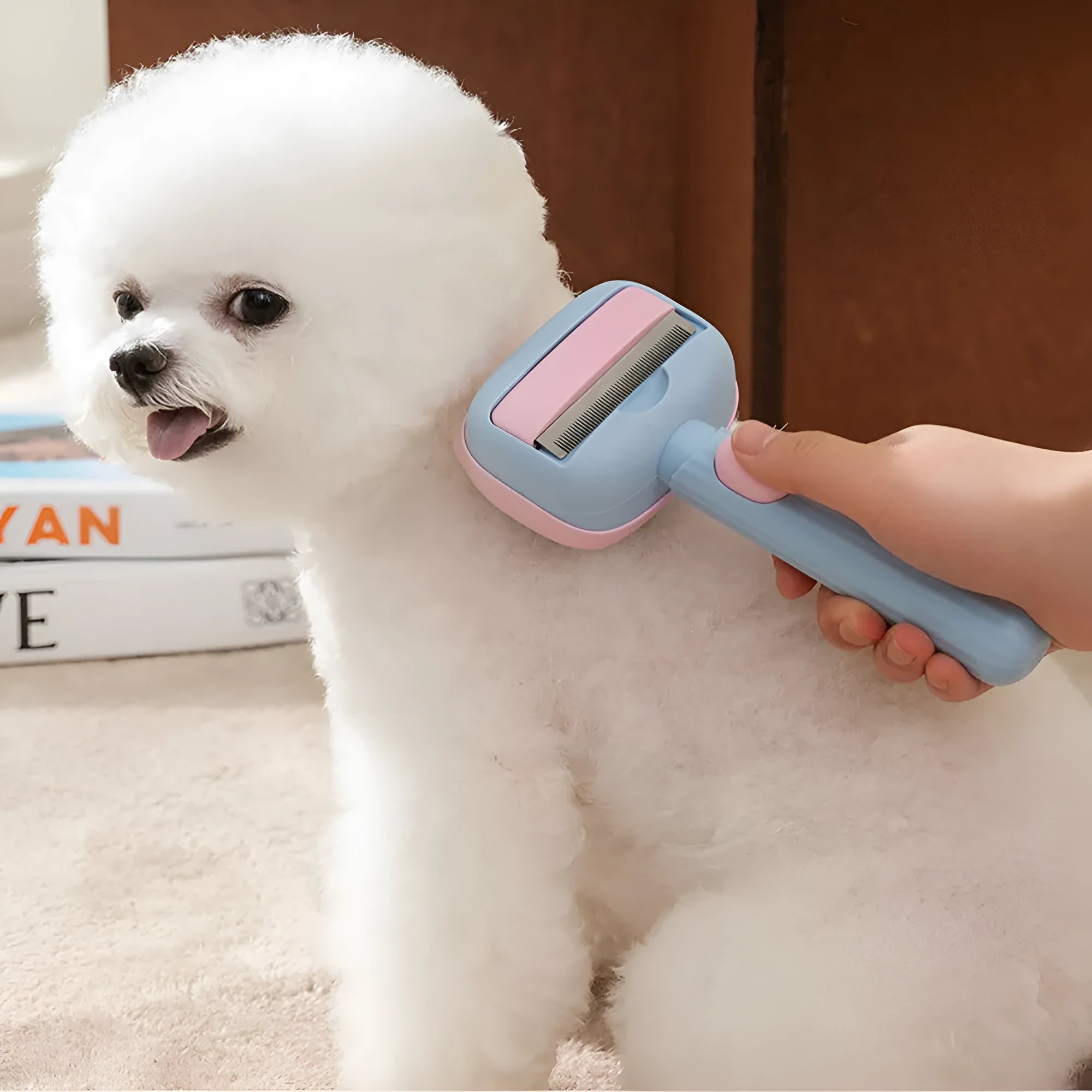 Blue and green pet grooming brush with a double-sided head for deshedding and dematting.