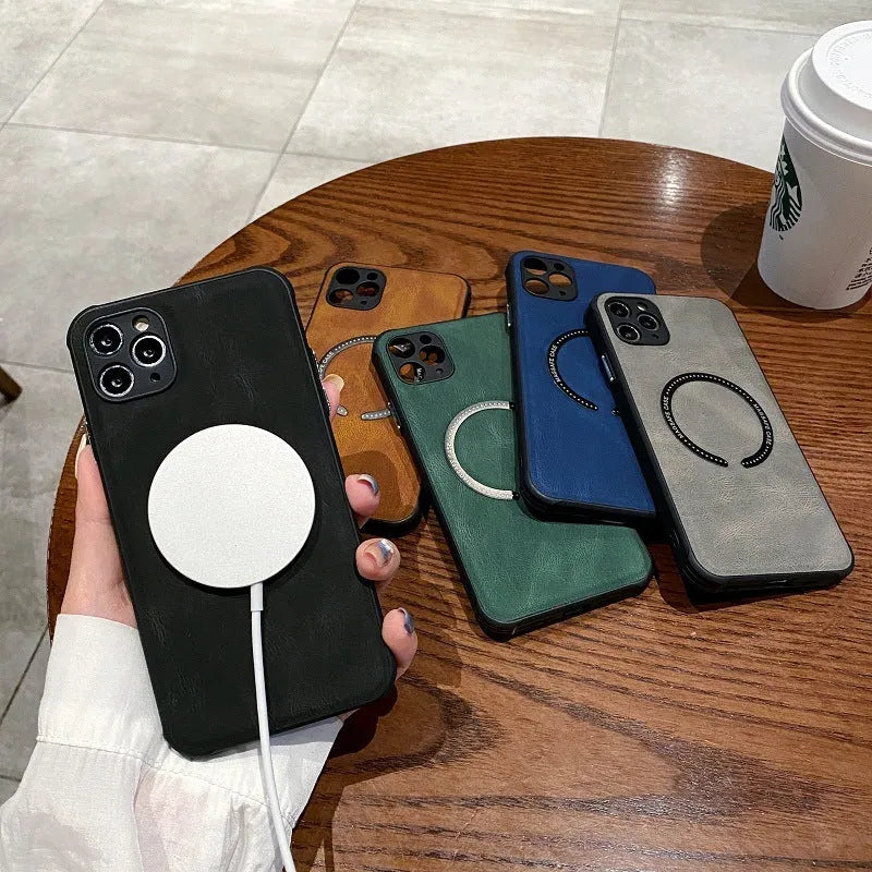 Business magnetic charging iPhone case in imitation leather with anti-fingerprint finish