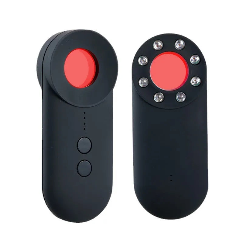 Black portable GPS and hidden camera signal detector showing compact size and Micro USB charging port.
