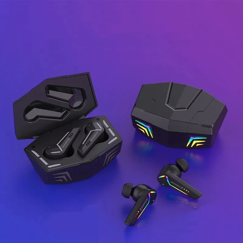 Black TWS Bluetooth sport headset with low latency for gaming and wireless calls.