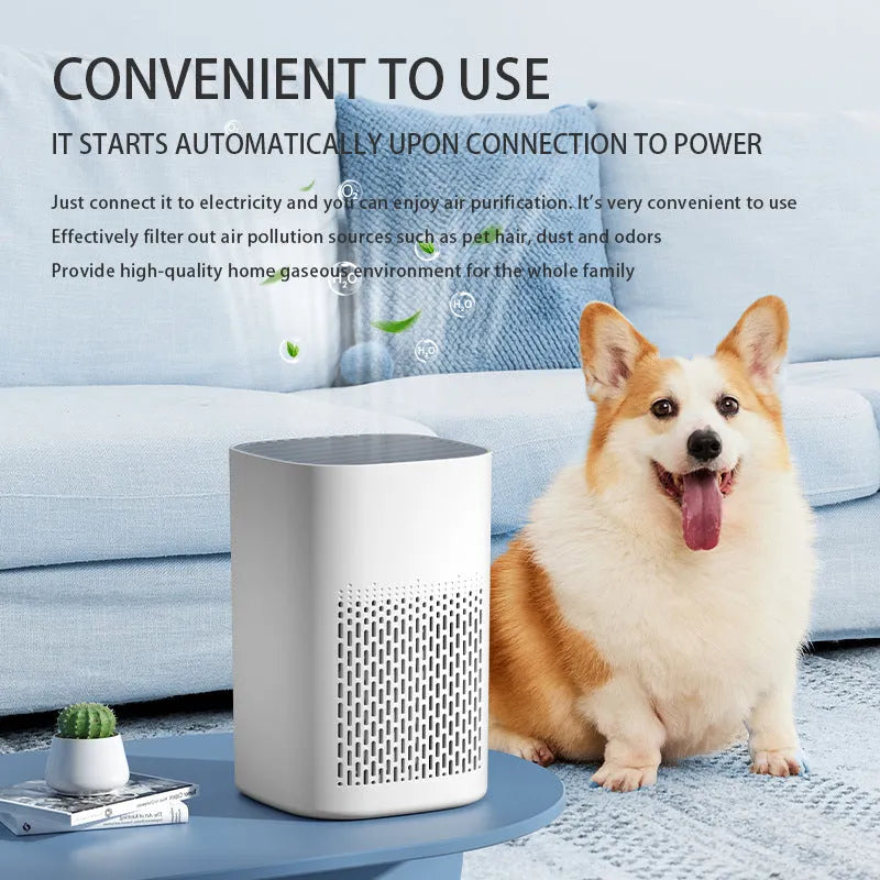 Simple-style desktop air purifier with USB cable and panel heating on a wooden desk.