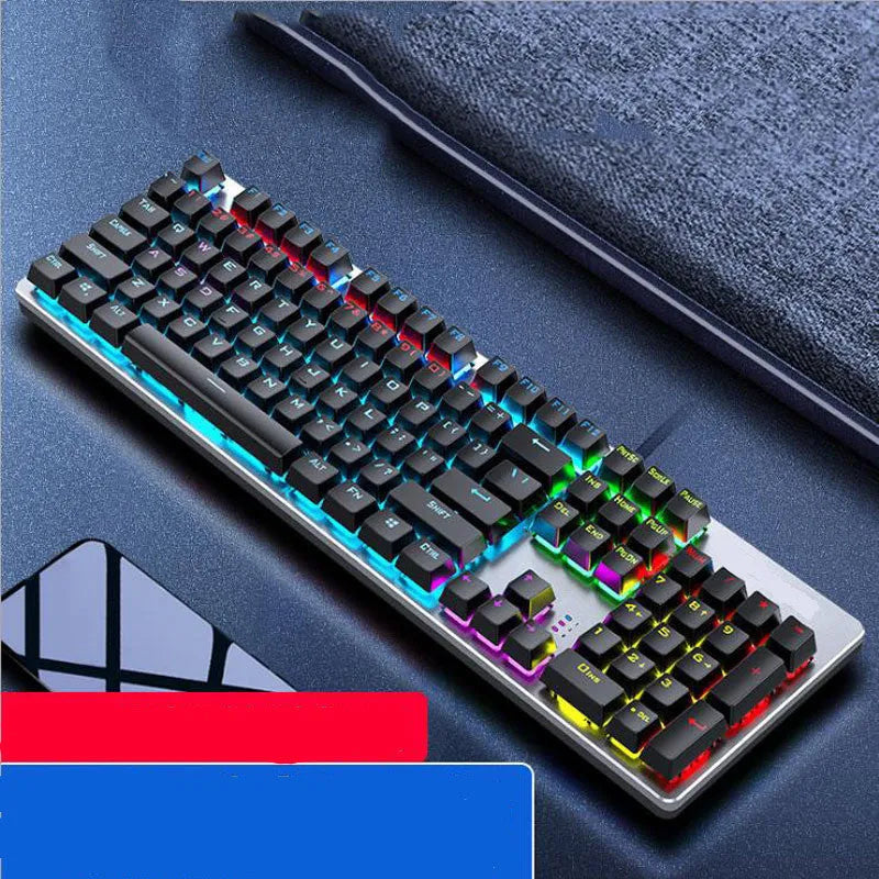 GK410 mechanical keyboard with USB cable showing metal construction and 104-key layout