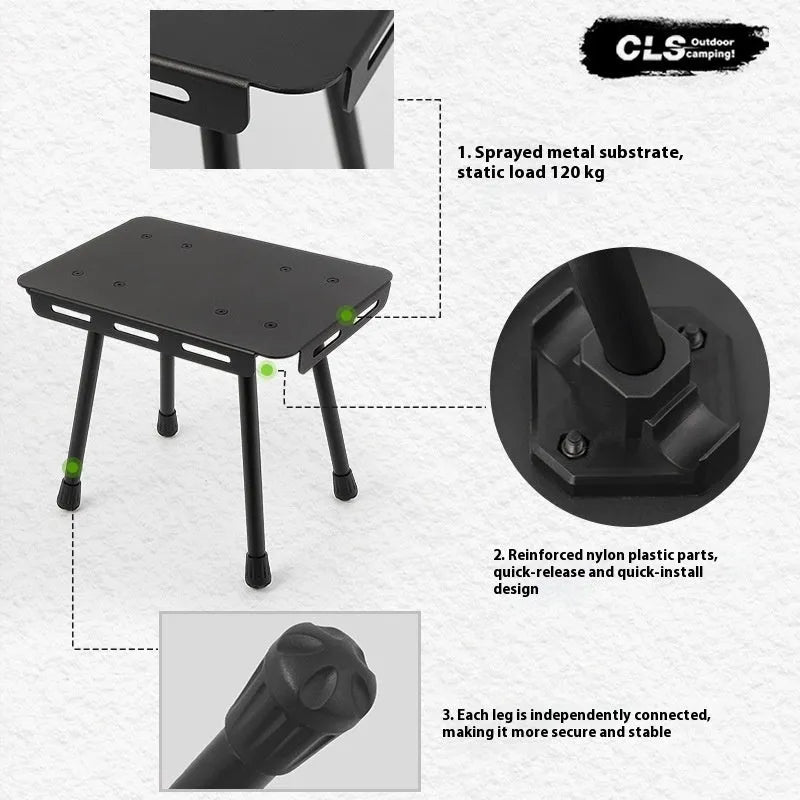 Aluminium dual-use folding camping stool that converts to a small table, shown with tactical storage bag.