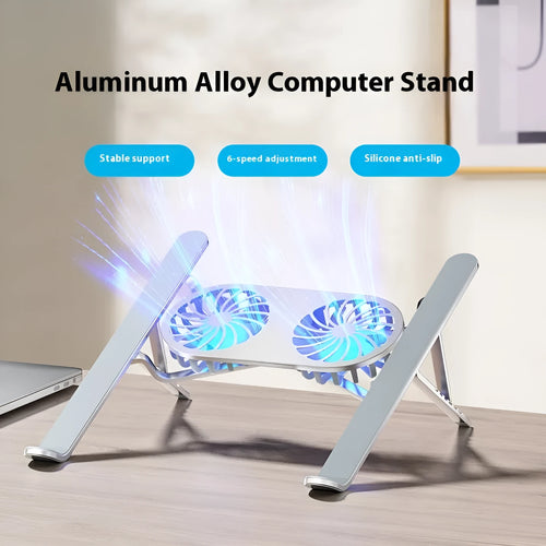 Aluminium alloy portable laptop cooling stand with adjustable height and dual fans in silver colour