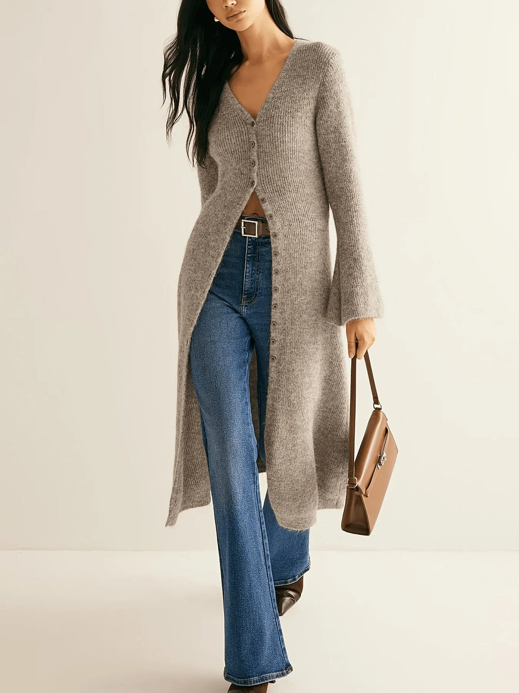 Khaki coloured long sleeve womens cardigan coat with button front in a French retro style.