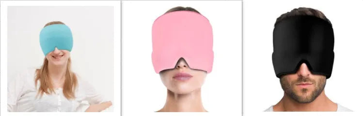Black elastic ice gel headache relief eye mask shown on a mannequin head, adjustable for 42-66cm circumference.