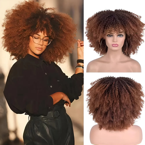 African small curly hair afro wig headgear in high temperature silk with bangs, colour 1B/30