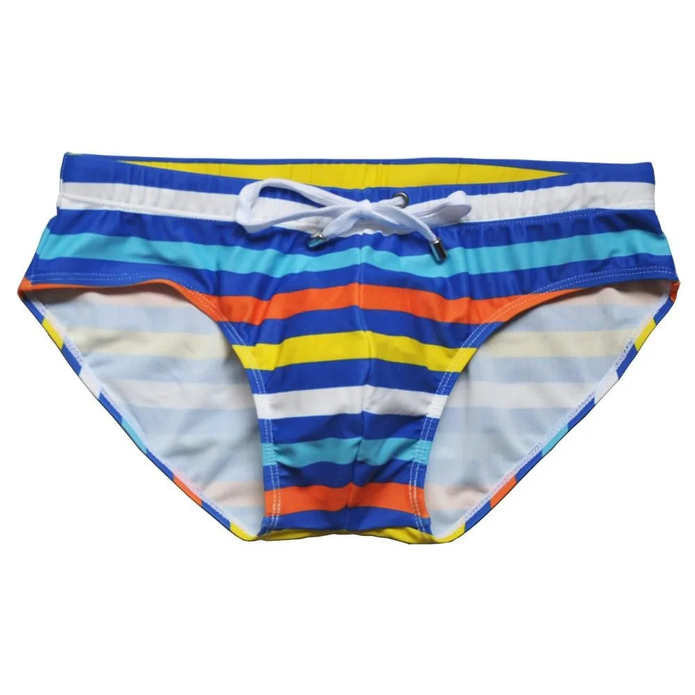 Men striped swim briefs with rope tie in blue and white, shown flat on surface