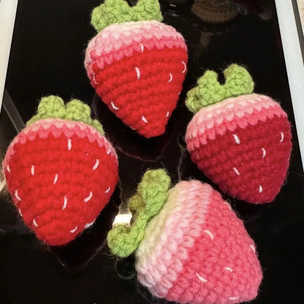 Soft plush strawberry pendant keychain in red and pink wool fabric options