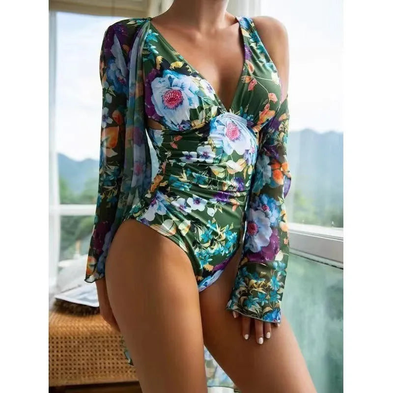 Women's floral pattern bikini three-piece swimsuit set with matching cover-up coat