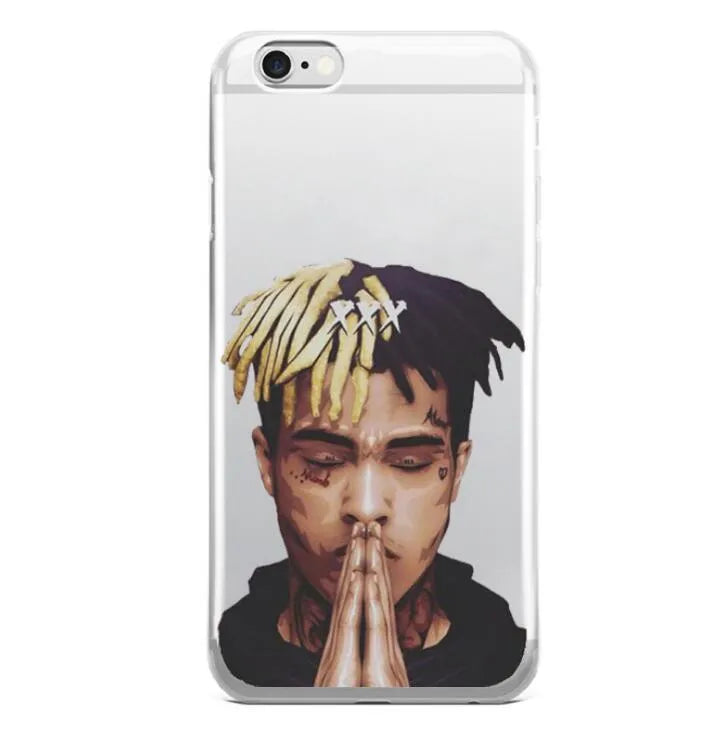 Matte transparent iPhone case with XXXTentacion pattern, showing half-wrapped design on an iPhone.