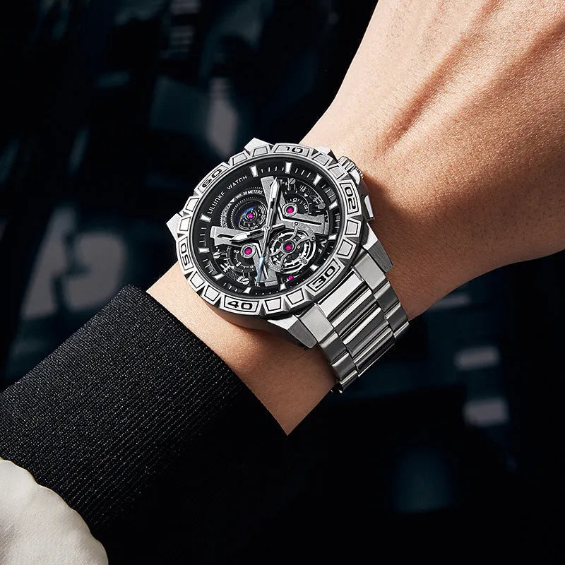 Men's black stainless steel multifunction quartz watch with luminous rotating dial and 13mm thick case