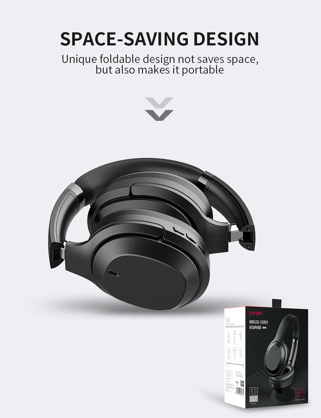 Black Gorsun E98 over-ear wireless Bluetooth headphones with padded headband and memory-protein ear cushions.