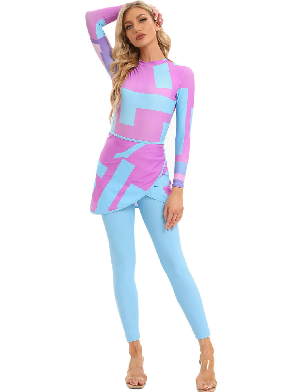 Conservative Muslim swimsuit three-piece set with apron in fresh pattern