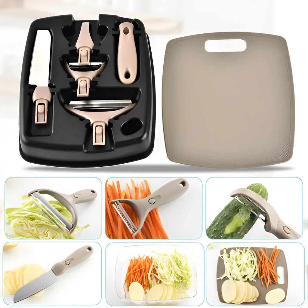 Three piece stainless steel cutter set with wheat straw chopping board, fruit knife and peeler in green
