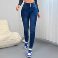 Women's dark blue straight-leg denim jeans with breasted button front closure