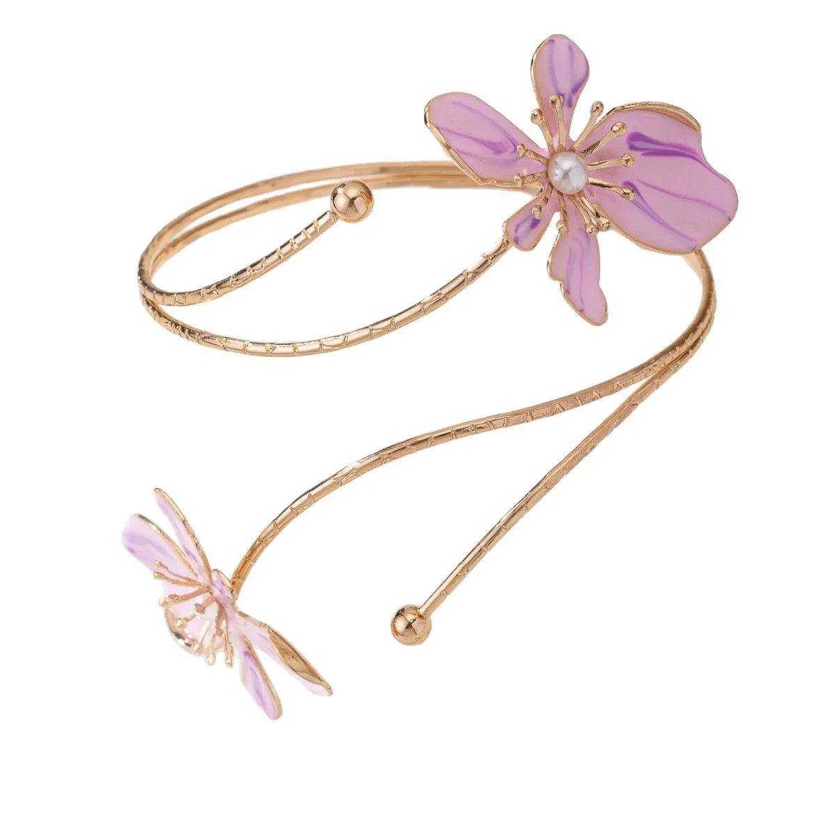 Pink and purple alloy armband with hollow linear pattern design and adjustable fit