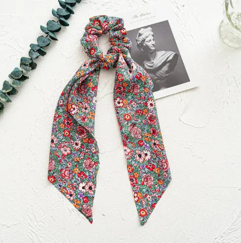 Long ribbon cloth hair ring headband with large intestine ring design in Spring dark green ribbon colour