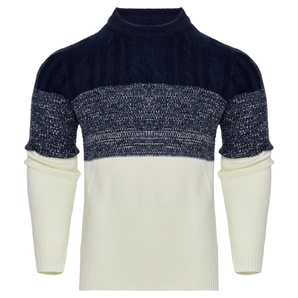Men's grey crew neck knitted sweater with long sleeves laid flat