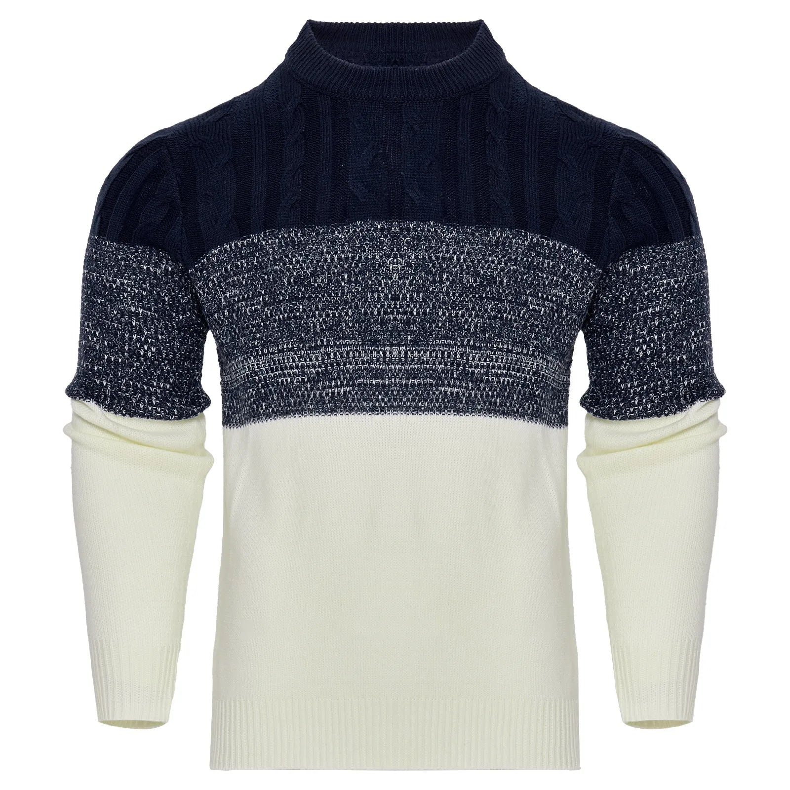 Men's grey crew neck knitted sweater with long sleeves laid flat