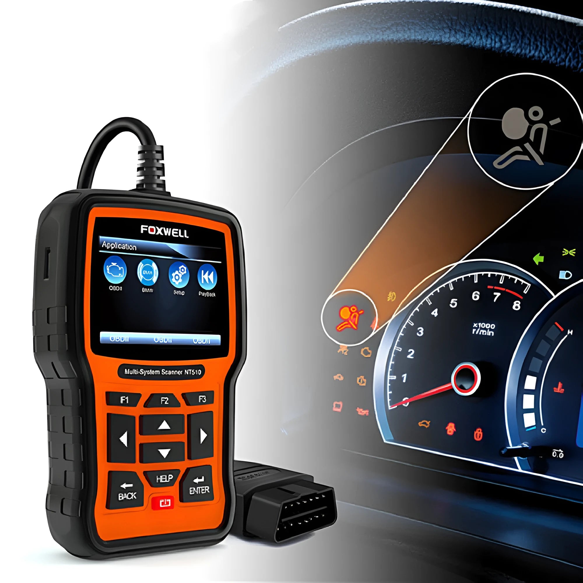 Foxwell NT510 orange black automotive diagnostic tool with OBD2 scanner and reset functions