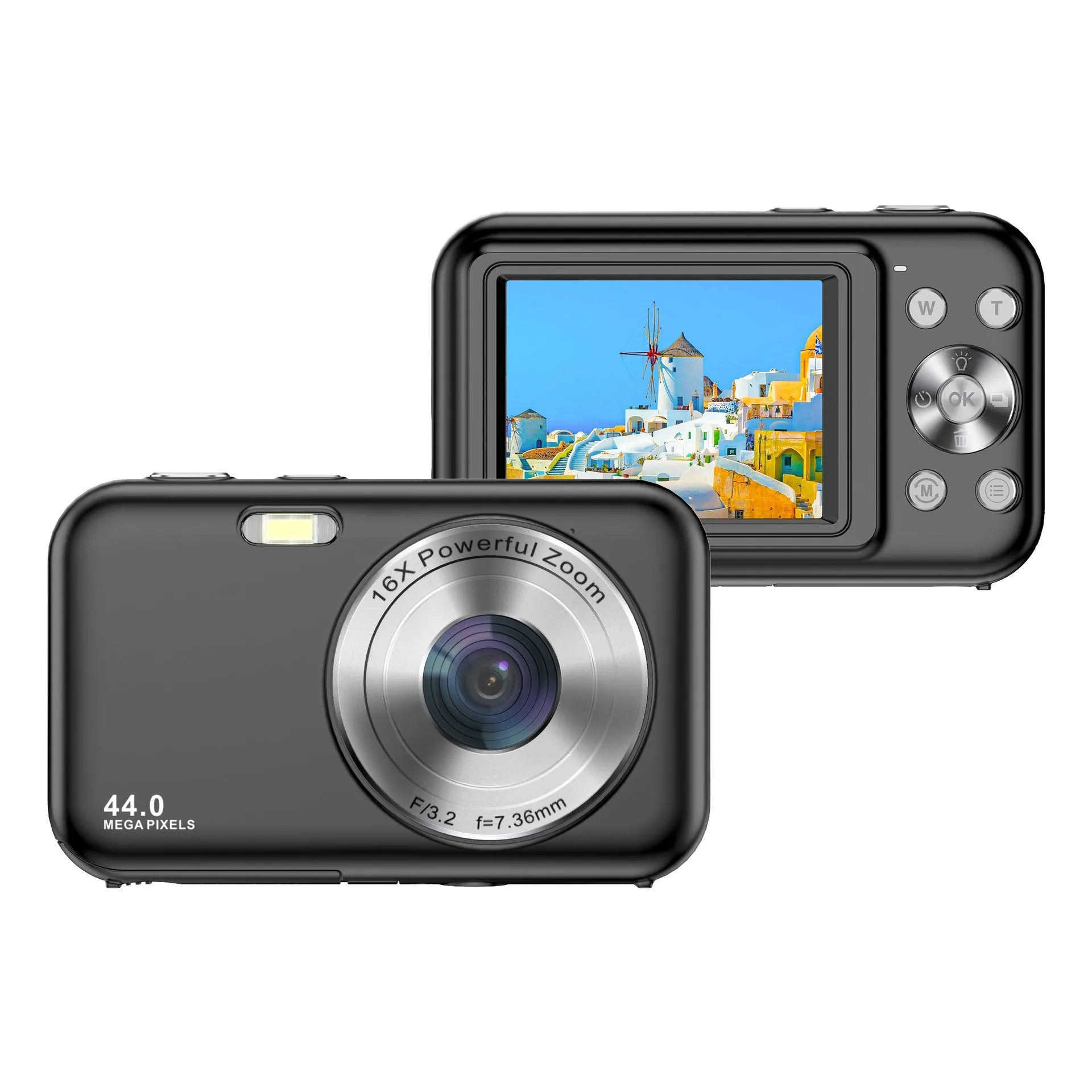 Colourful children's digital camera with 2.4-inch screen, shown in pink, for 44MP photos and 1080p video.