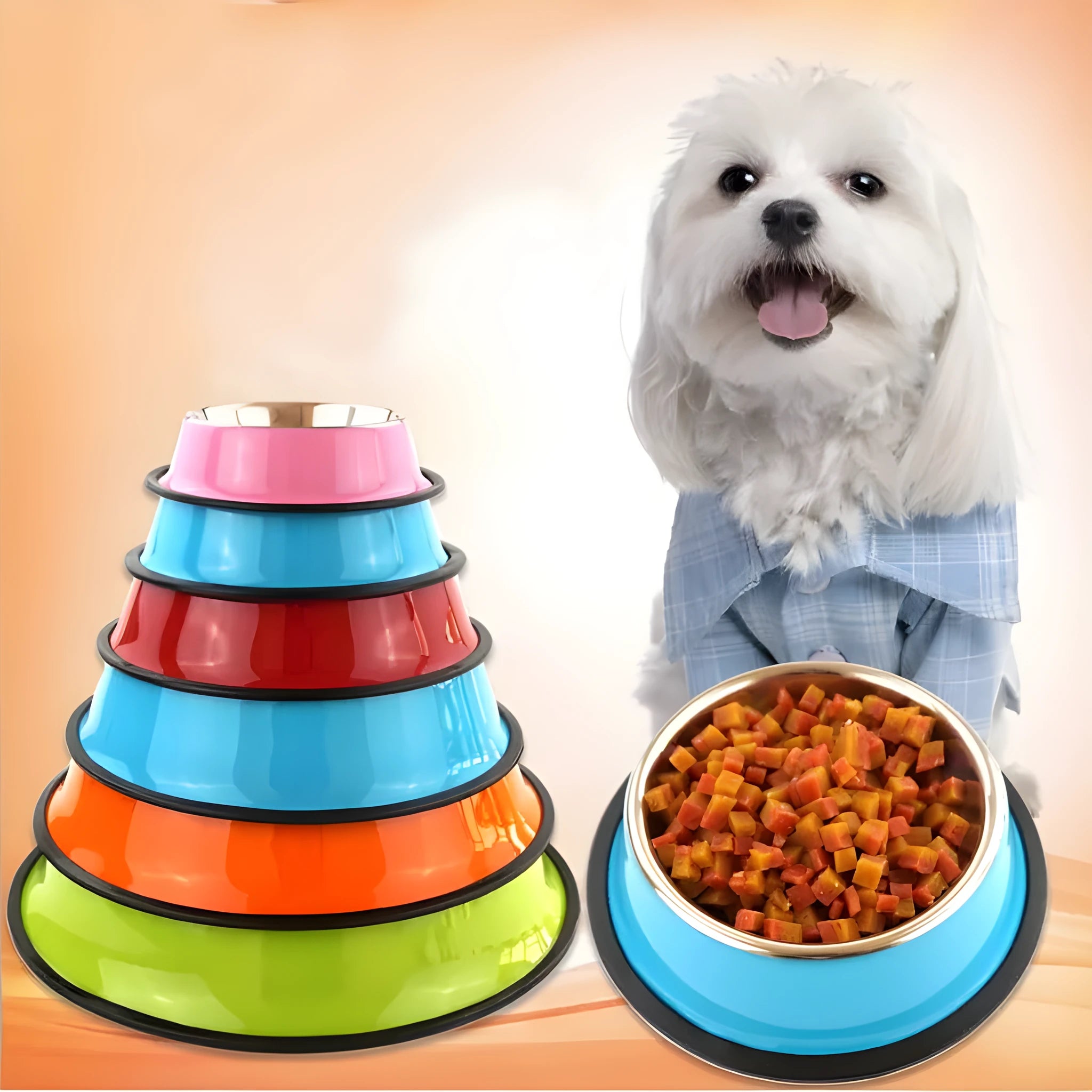 Stainless steel pet bowl with colourful melamine exterior and non-slip rubber base in multiple colour options
