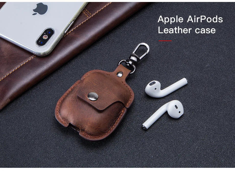 Crazy horse cowhide leather AirPods cover with keychain and charging hole, 6.8cm x 12.3cm, in blue, brown, coffee, or red.
