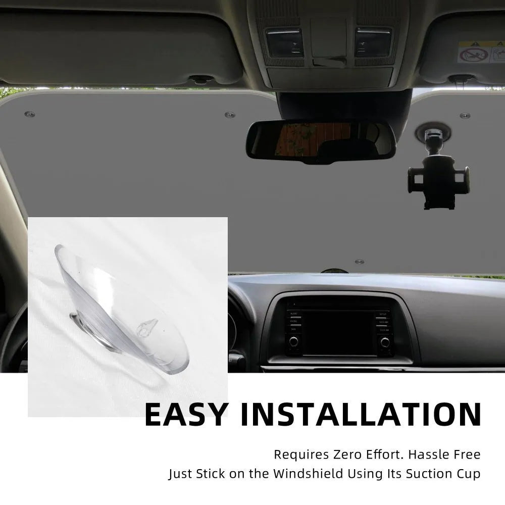 Lightweight car windshield sunshade in black with silver-coated fabric and suction cups