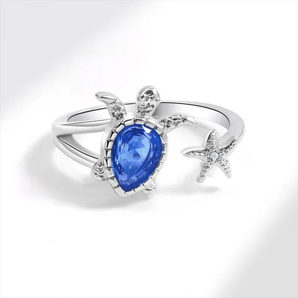 Blue alloy ring with turtle and starfish designs, women's vacation style, size 6-10