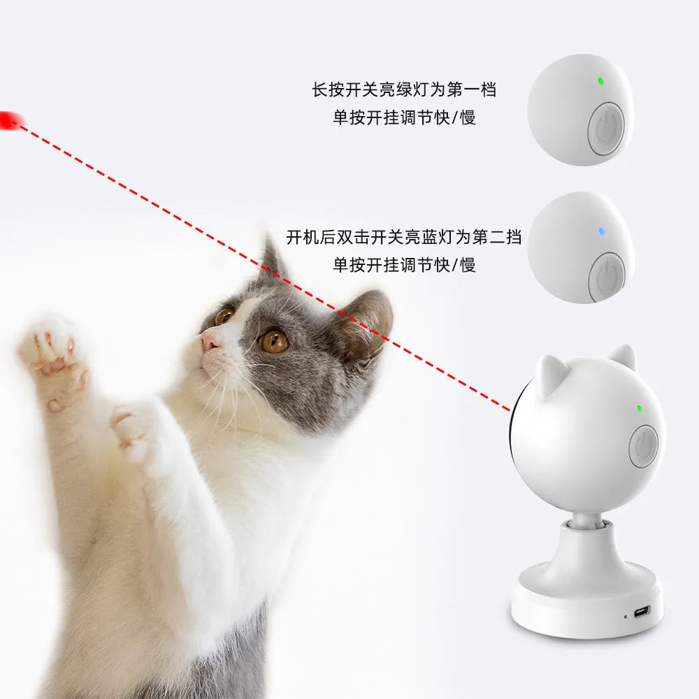 White smart laser cat teaser toy with USB charging on a floor, made of ABS plastic