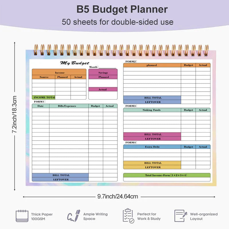 B5 wealth management notebook with blue PP cover and spiral binding for financial tracking