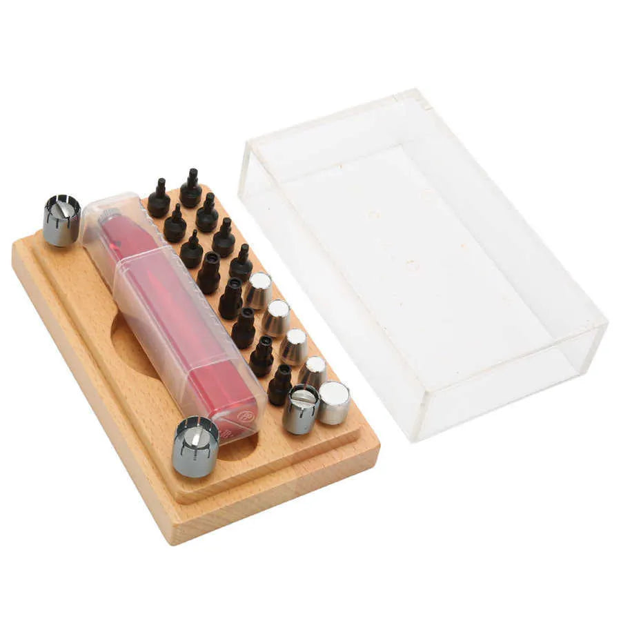 20-piece steel watch repair open tube set with barrel-opening tool in compact storage case