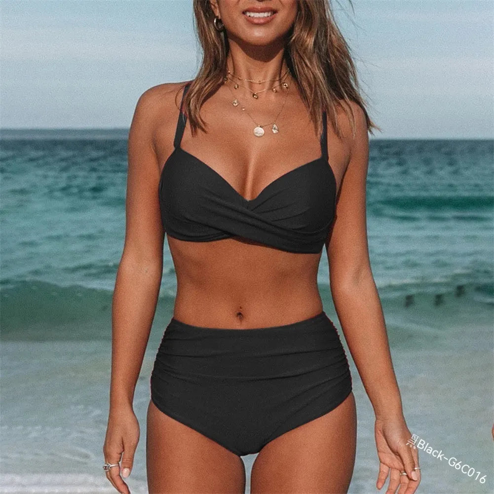 Women's cross-strap bikini swimsuit in solid colour with sleeveless design