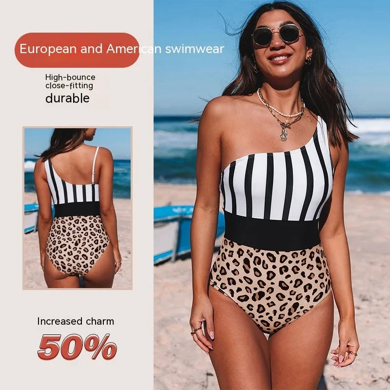 Women's leopard print one-piece swimsuit with an asymmetric collar and high-waisted brief cut.