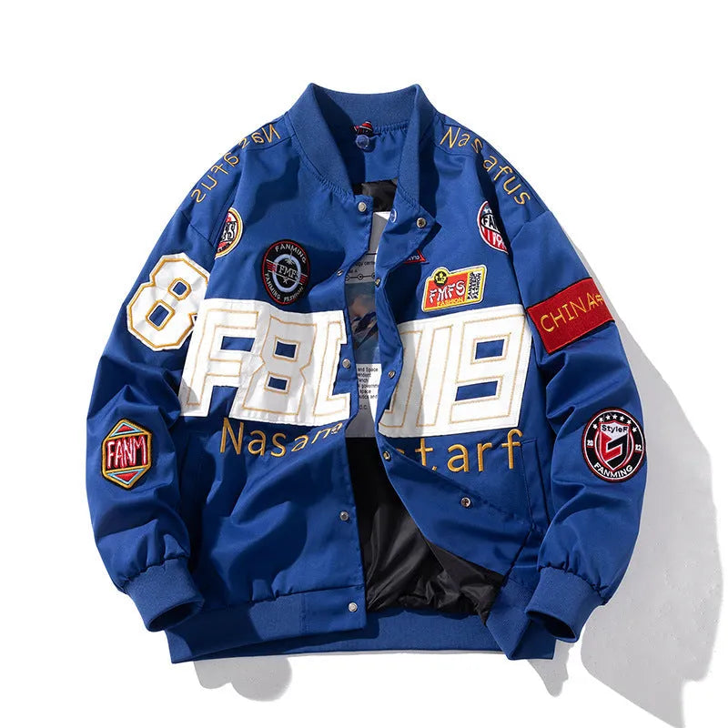 Black cotton-padded American motorcycle baseball jacket with a removable hood and side pockets.