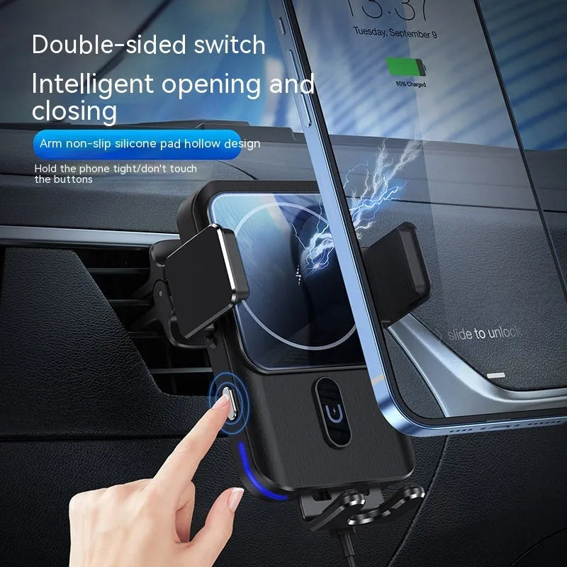 Black car wireless charger mobile phone holder with 15W fast charging capability