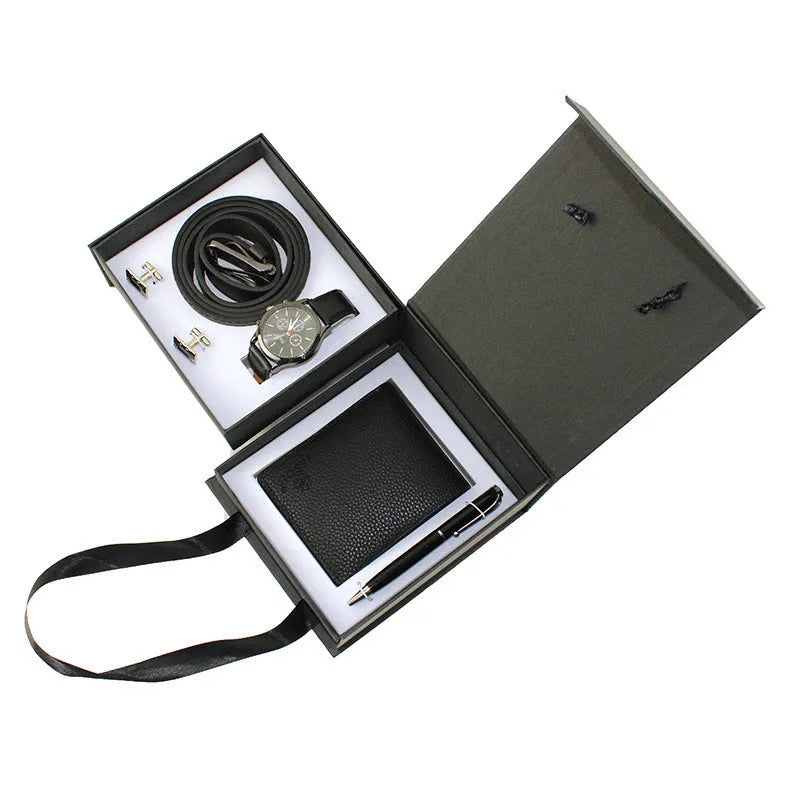 Men's creative packed gift box set with quartz watch, belt, wallet, cufflinks, and pen in black