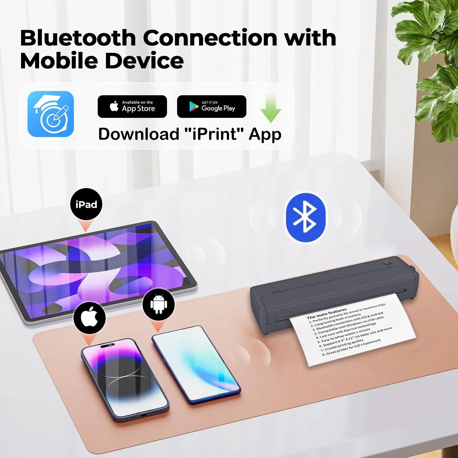 Compact black A4 Bluetooth wireless printer with USB port for mobile phone and computer connection