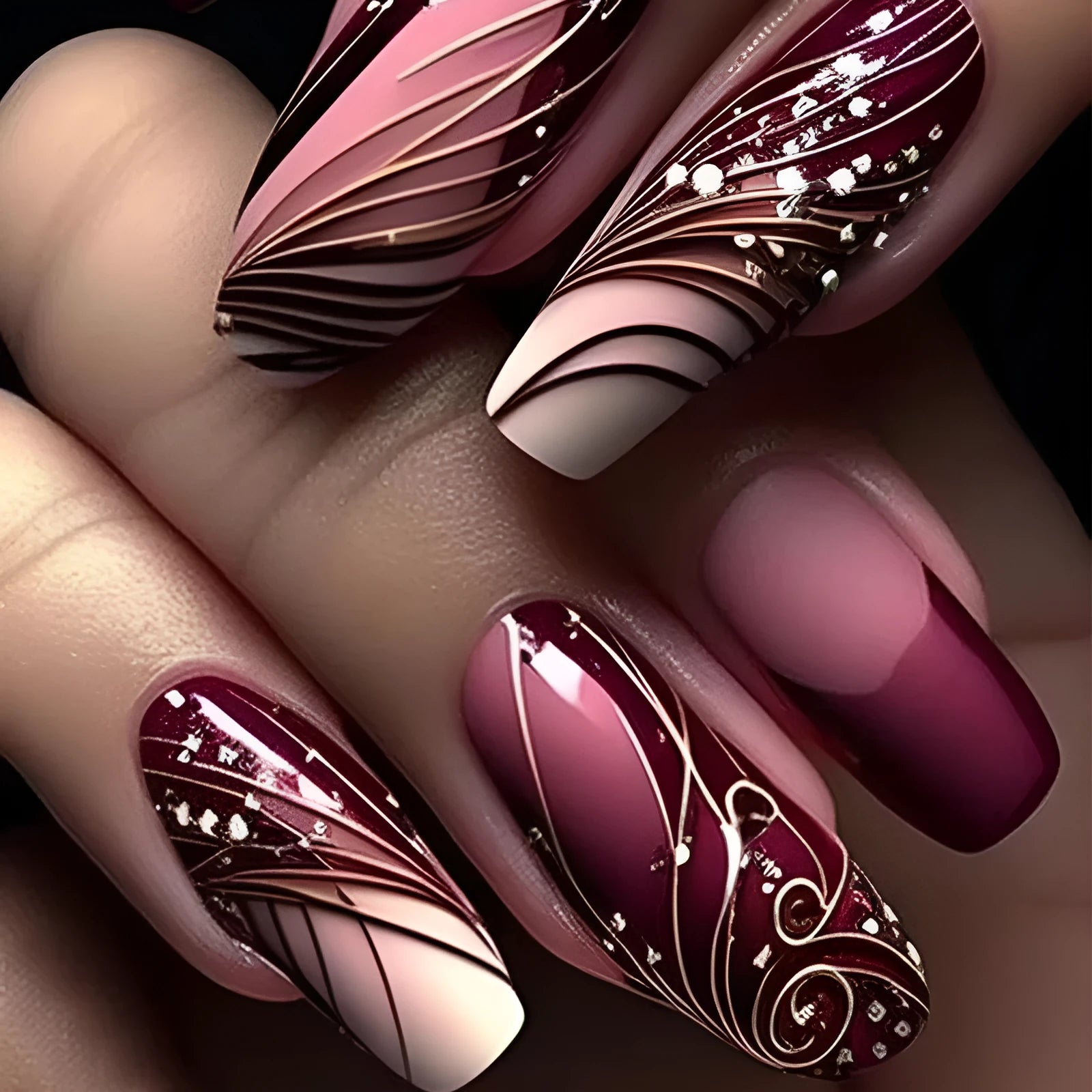 French line pattern fake nails with adhesive in 24-piece set