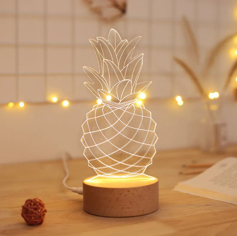 Cartoon pineapple bedside table lamp with wood and acrylic construction and USB power cable