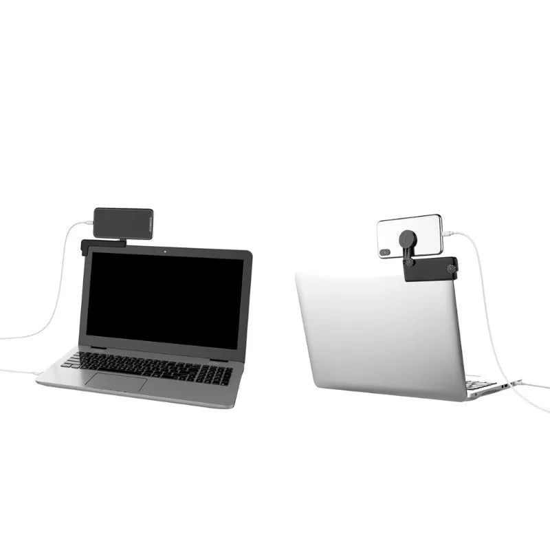 Black silicone phone holder stand clipped to a laptop, holding a mobile phone for multi-screen use, 11x10x1cm.